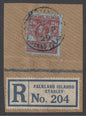 SG 123 Falklands 1929. 2/6 carmine/blue. Very fine used on registered  piece tied with a Falklands Islands, Port Stanley 11th Sept 1929