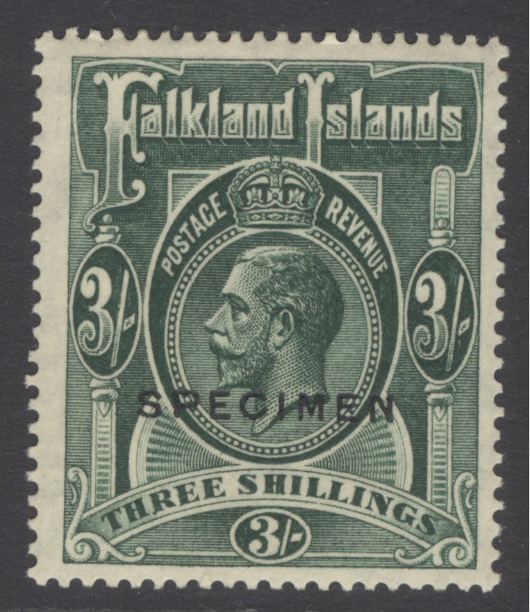 SG 80s Falklands 1921-28. 3/- slate-green, overprinted specimen. Lightly mounted mint. Scarce