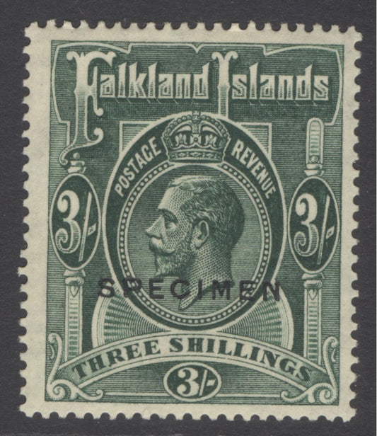 SG 80s Falklands 1921-28. 3/- slate-green, overprinted specimen. Lightly mounted mint. Scarce