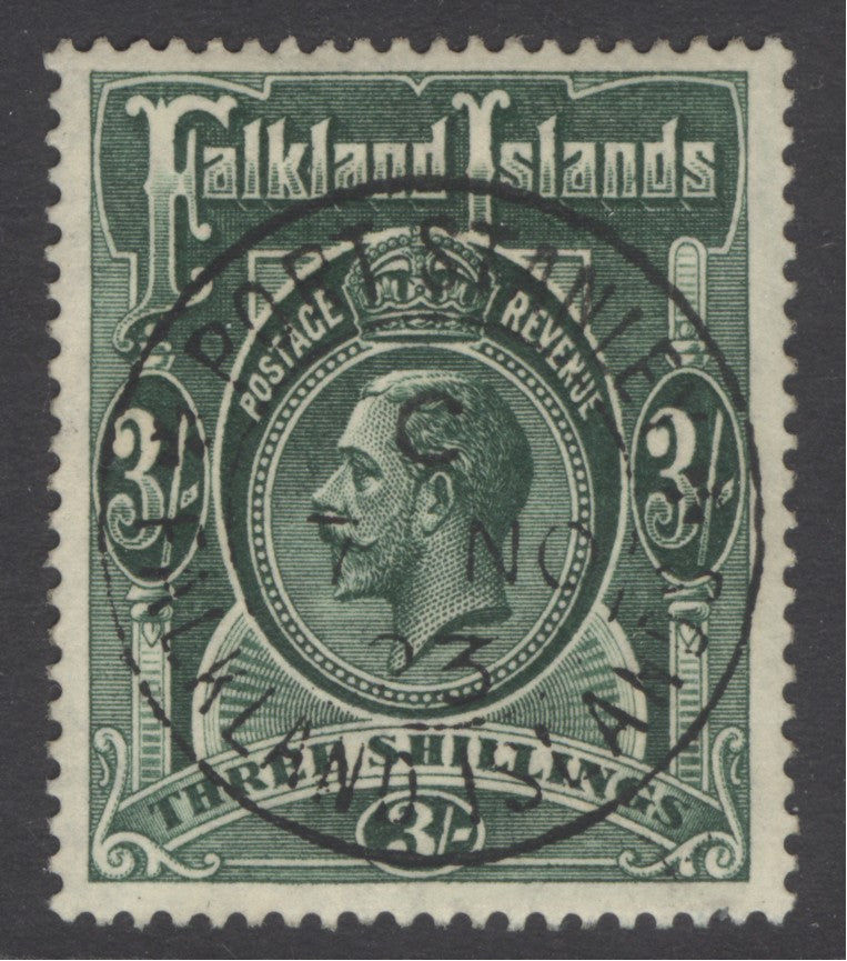 SG 80 Falklands 1921-28. 3/-  slate-green. Superb used with  an upright Port Stanley 7th Nov  1923 CDS. Fine deep colour  & well centred CAT £170