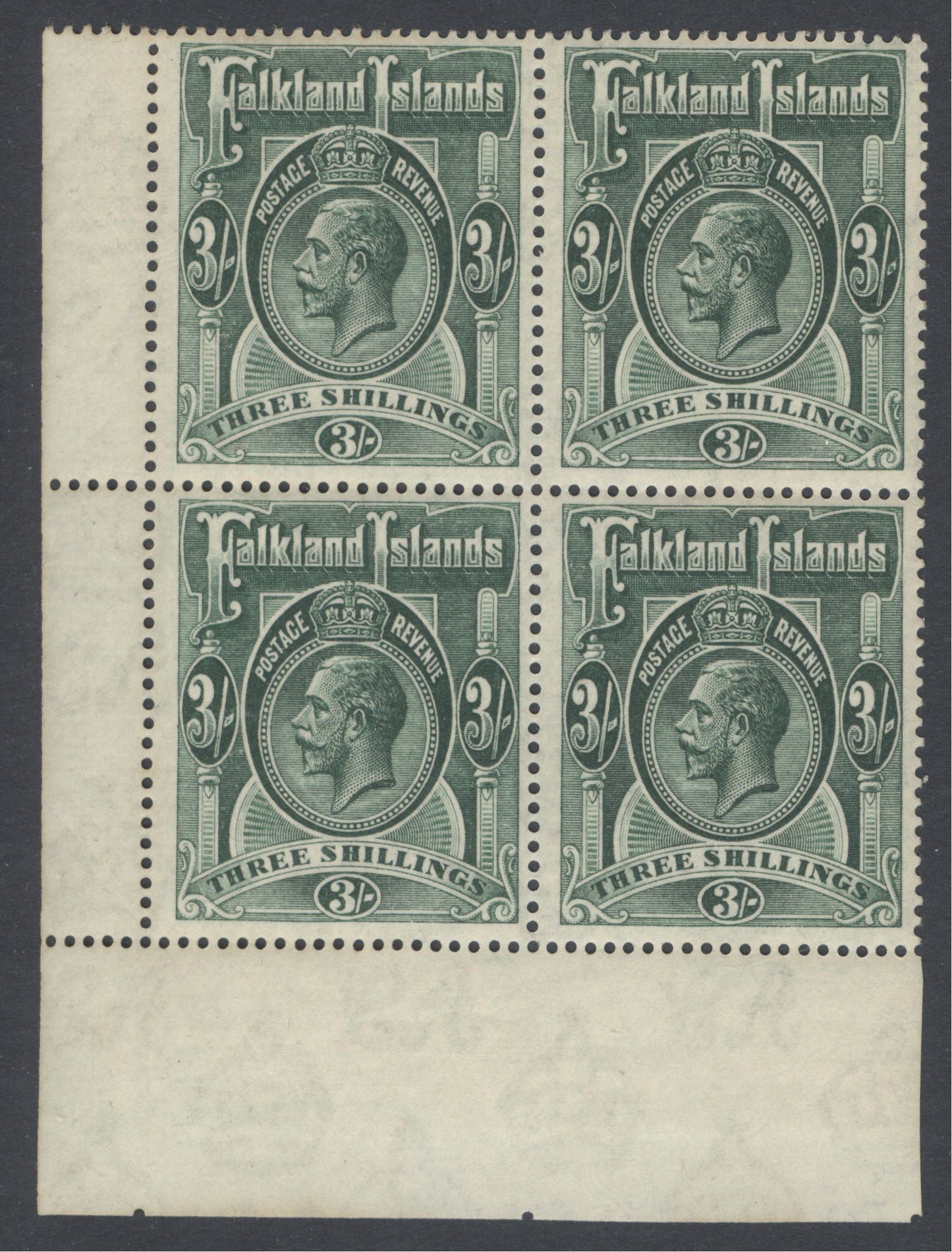SG 80 Falklands 1921-28. 3/- slate-green corner marginal block of 4, 2 being unmounted CAT £440