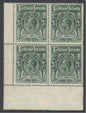 SG 80 Falklands 1921-28. 3/- slate-green corner marginal block of 4, 2 being unmounted CAT £440