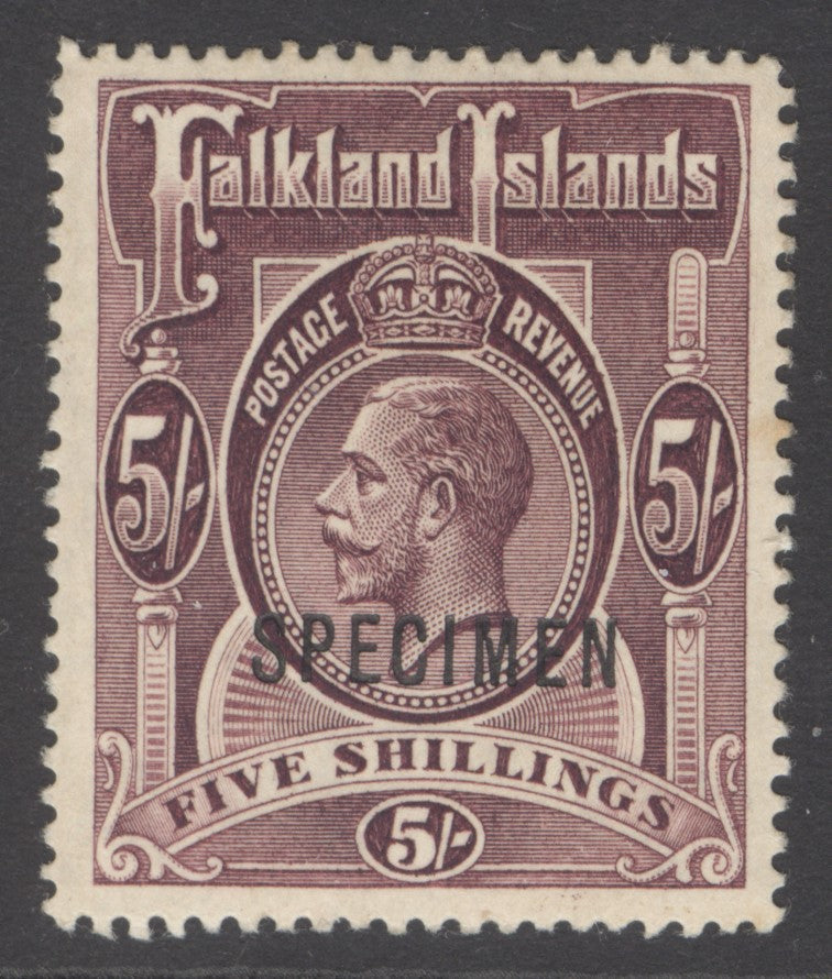 SG 67b Falklands 1912-20. 5/- maroon, overprinted specimen. A fine fresh lightly mounted mint example