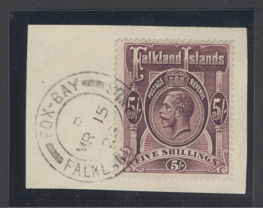 SG 67b Falklands 5/- maroon on piece. Very fine used with a Fox-Bay, March 15th 1929 CDS CAT £170