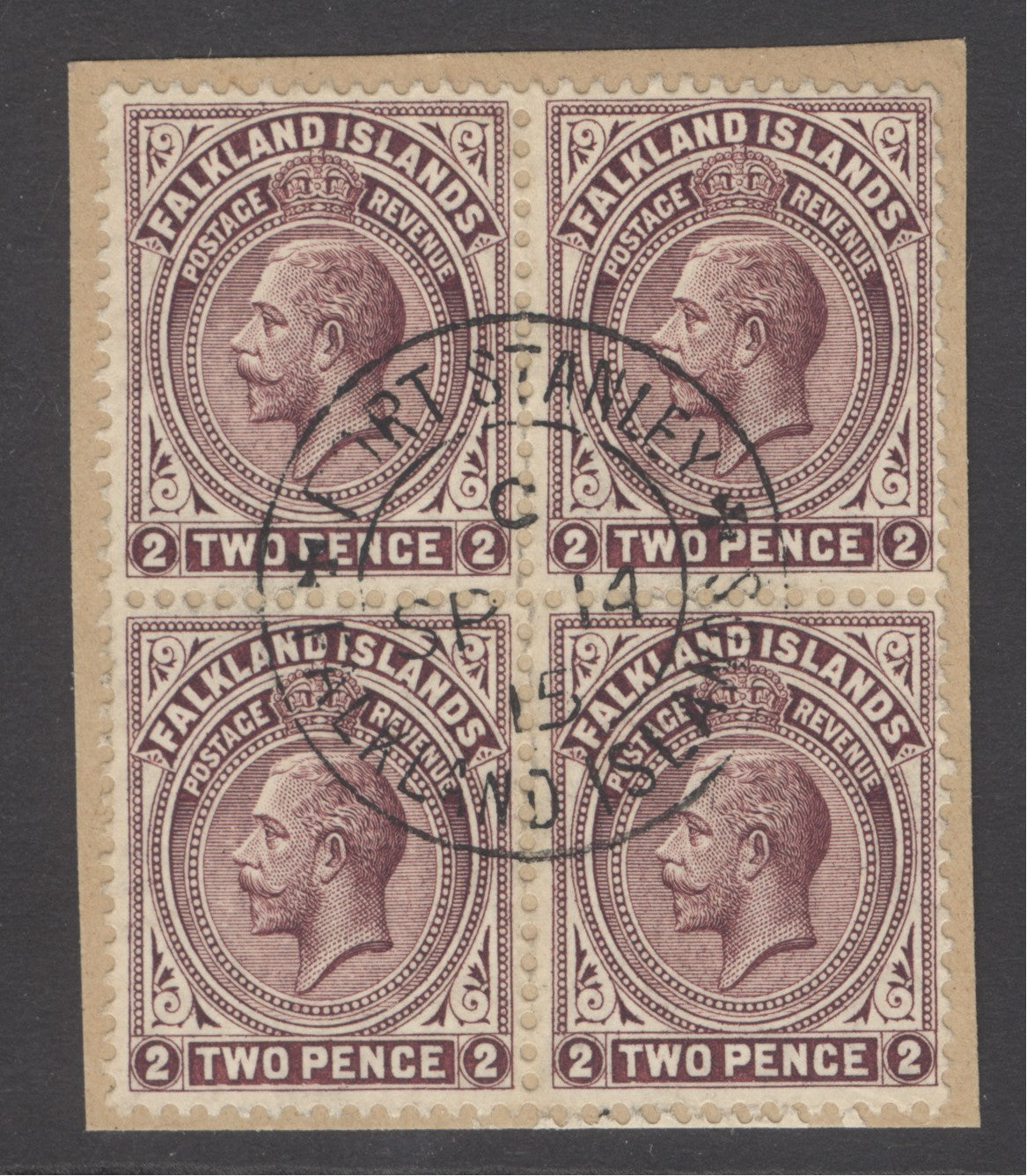 SG 62c Falklands 1912-20. 2d deep reddish-purple, Superb used block of 4 on piece with a Port Stanley, Sept 14th 1915 CDS
