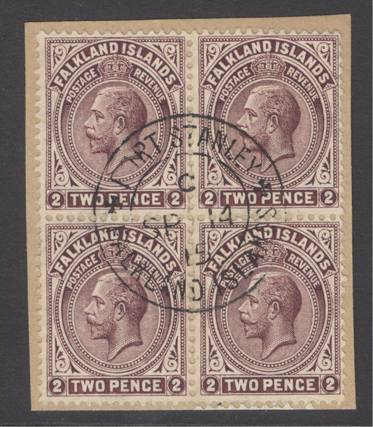 SG 62c Falklands 1912-20. 2d deep reddish-purple, Superb used block of 4 on piece with a Port Stanley, Sept 14th 1915 CDS
