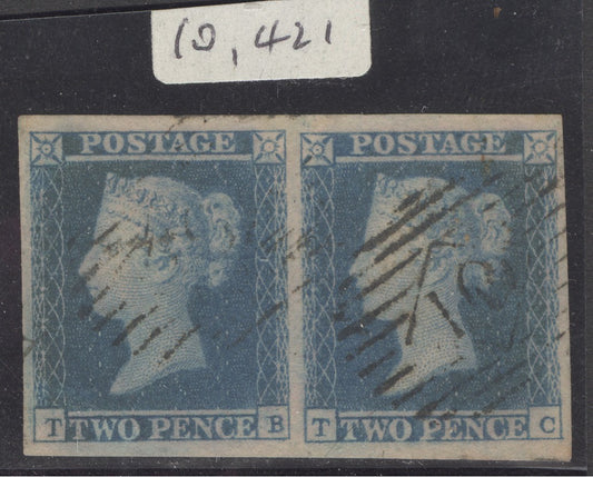 SG 15aa 2d ‘violet-blue’ pair on thicker, lavender tinted paper lettered TB-TC. Very fine used. 4 fine/huge margins.  Philatelic GB expert certificate