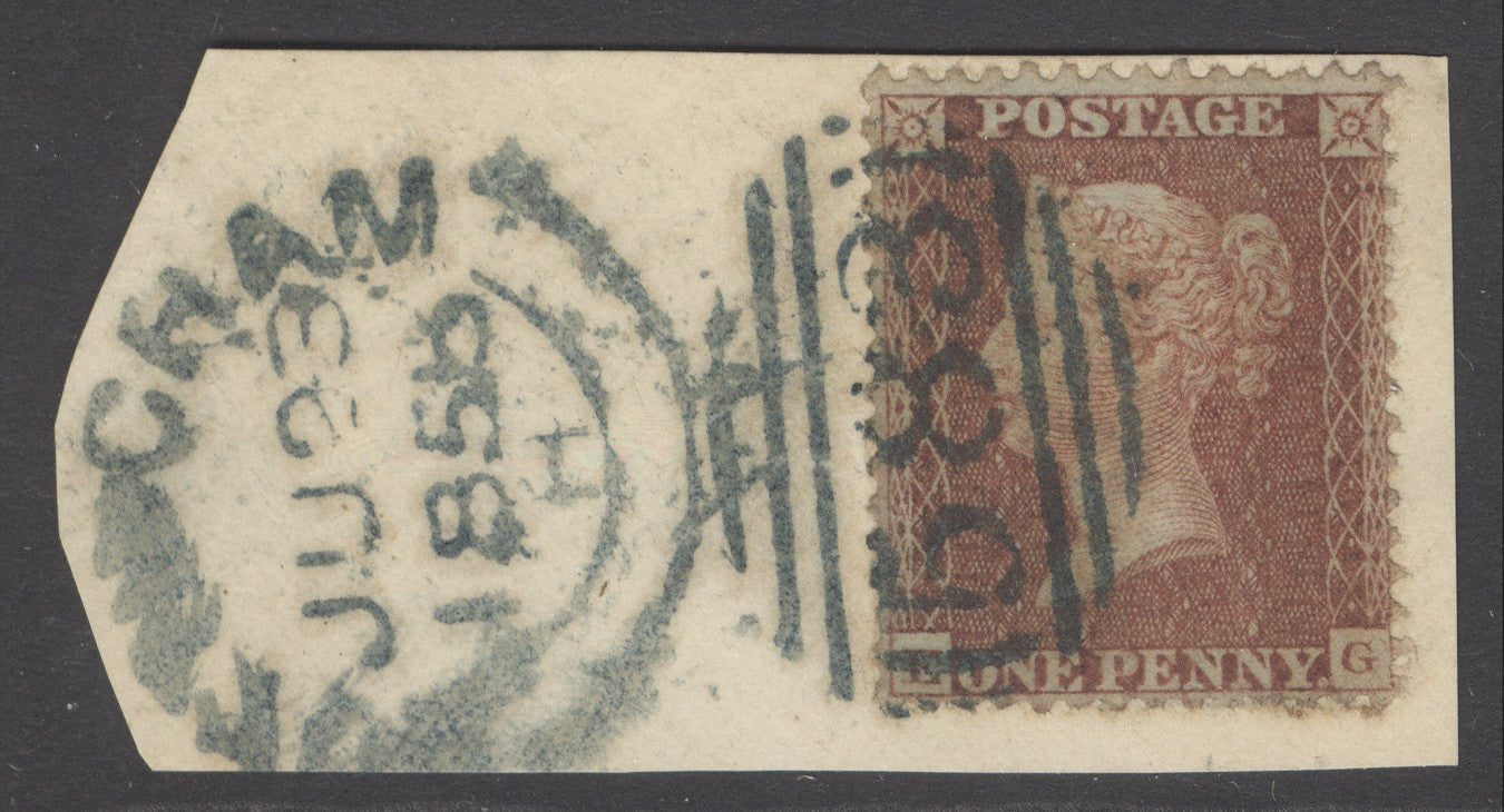 SG 29 1d red-brown plate 16 lettered EG. Very fine used on small piece cancelled in blue/green ‘683’ numeral, June 23rd 1856 alongside