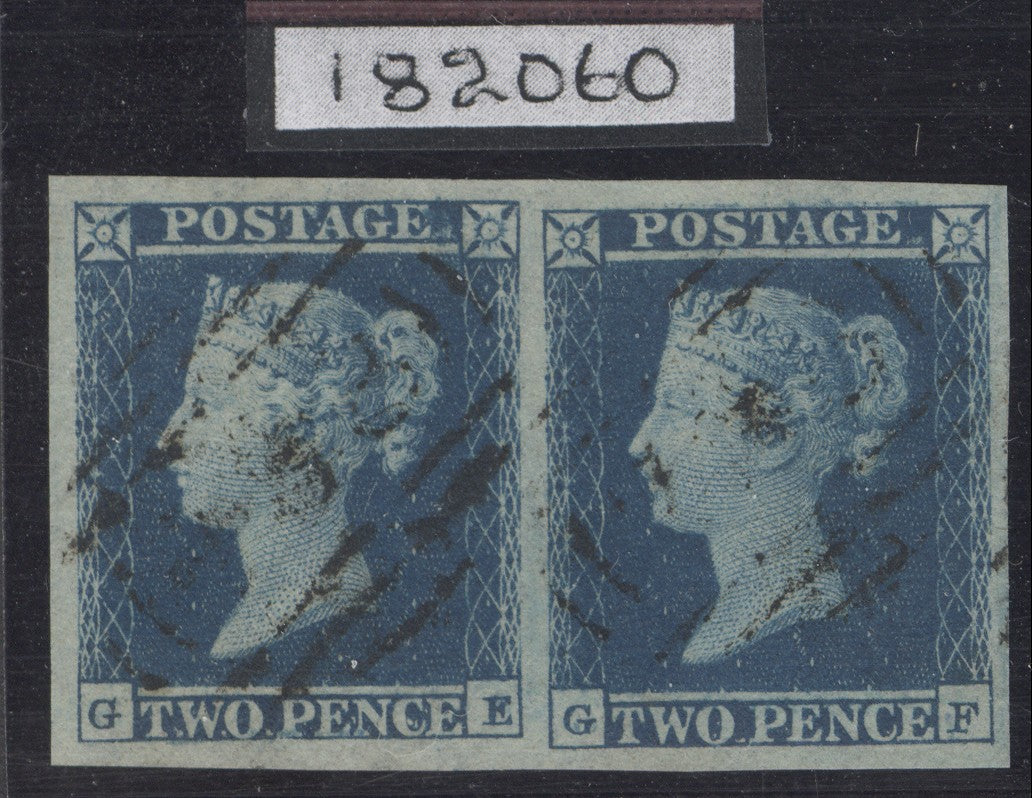 SG 14 1841 2d deep blue plate 4 pair lettered GE-GF. Very fine used, full margins large to huge. RPS cert