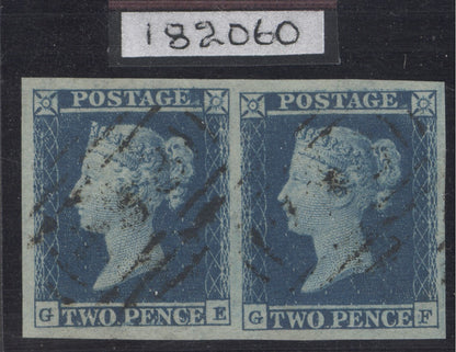 SG 14 1841 2d deep blue plate 4 pair lettered GE-GF. Very fine used, full margins large to huge. RPS cert