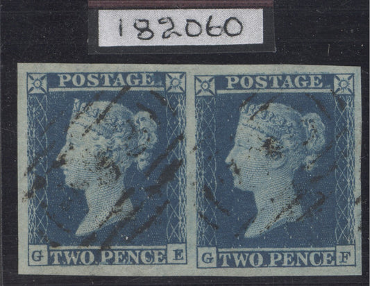 SG 14 1841 2d deep blue plate 4 pair lettered GE-GF. Very fine used, full margins large to huge. RPS cert