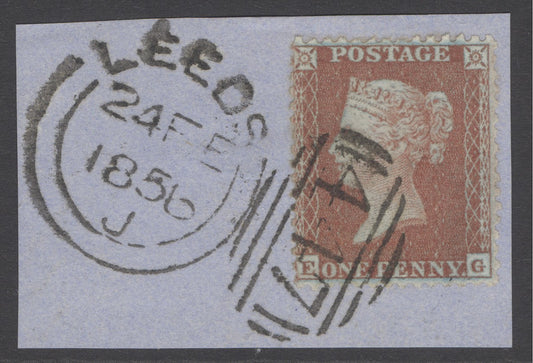 SG 29 1d red-brown lettered EC. Very fine used on small piece tied with a ‘447’ numeral, Leeds 24th Feb 1856 CDS alongside