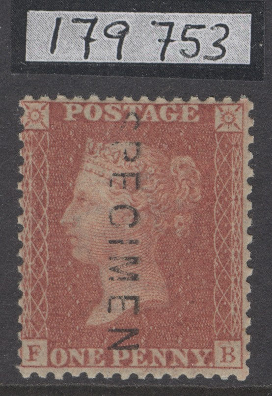SG 29 1d red-brown Spec C8(1)t lettered FB plate 35, overprinted specimen, type 2. Unmounted mint, good colour & well centred.  RPS cert when in a block of 4