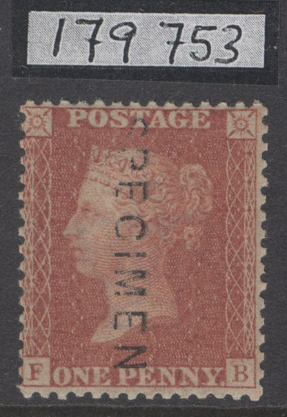 SG 29 1d red-brown Spec C8(1)t lettered FB plate 35, overprinted specimen, type 2. Unmounted mint, good colour & well centred.  RPS cert when in a block of 4