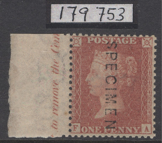 SG 29 1d red-brown Spec C8(1)t lettered FA plate 35, overprinted specimen, type 2 vertically. Very lightly mounted mint  marginal example with inscription. RPS cert when in a block of 4