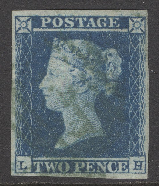 SG 14h 1841 2d blue plate 4 lettered LH. Fine used with a green ‘1844’ type postmark. 4 margins CAT £4000. Very scarce