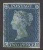 SG 14h 1841 2d blue plate 4 lettered LH. Fine used with a green ‘1844’ type postmark. 4 margins CAT £4000. Very scarce