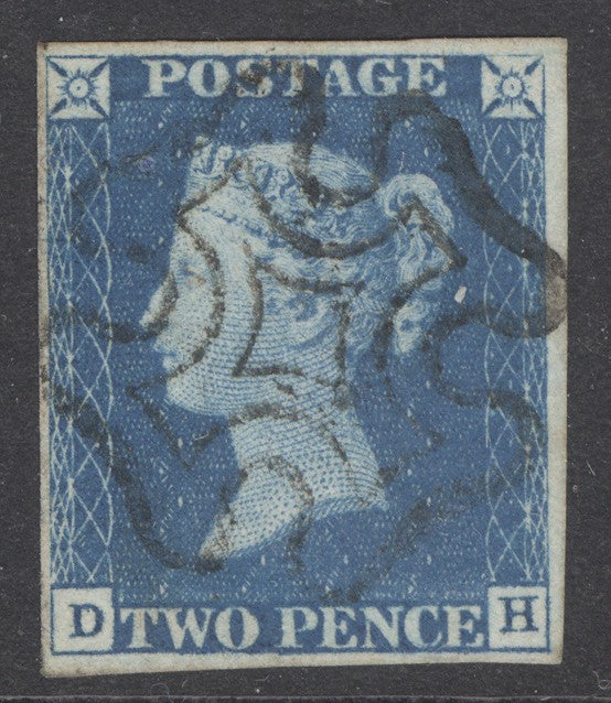 SG 6 1840 2d pale blue plate 1 lettered DH. Very fine used with a full crisply struck black Maltese cross. 4 good margins
