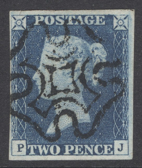 SG 5 1840 2d blue plate 1 lettered PJ. Very fine used with a crisply struck black Maltese cross. 4 fine margins