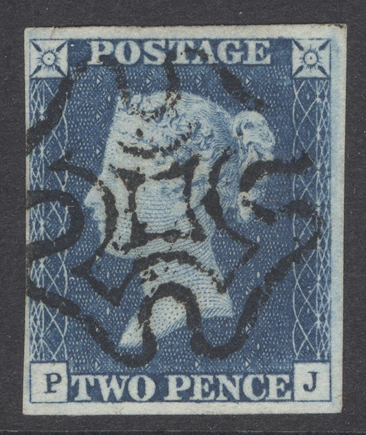SG 5 1840 2d blue plate 1 lettered PJ. Very fine used with a crisply struck black Maltese cross. 4 fine margins