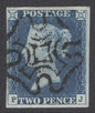 SG 5 1840 2d blue plate 1 lettered PJ. Very fine used with a crisply struck black Maltese cross. 4 fine margins