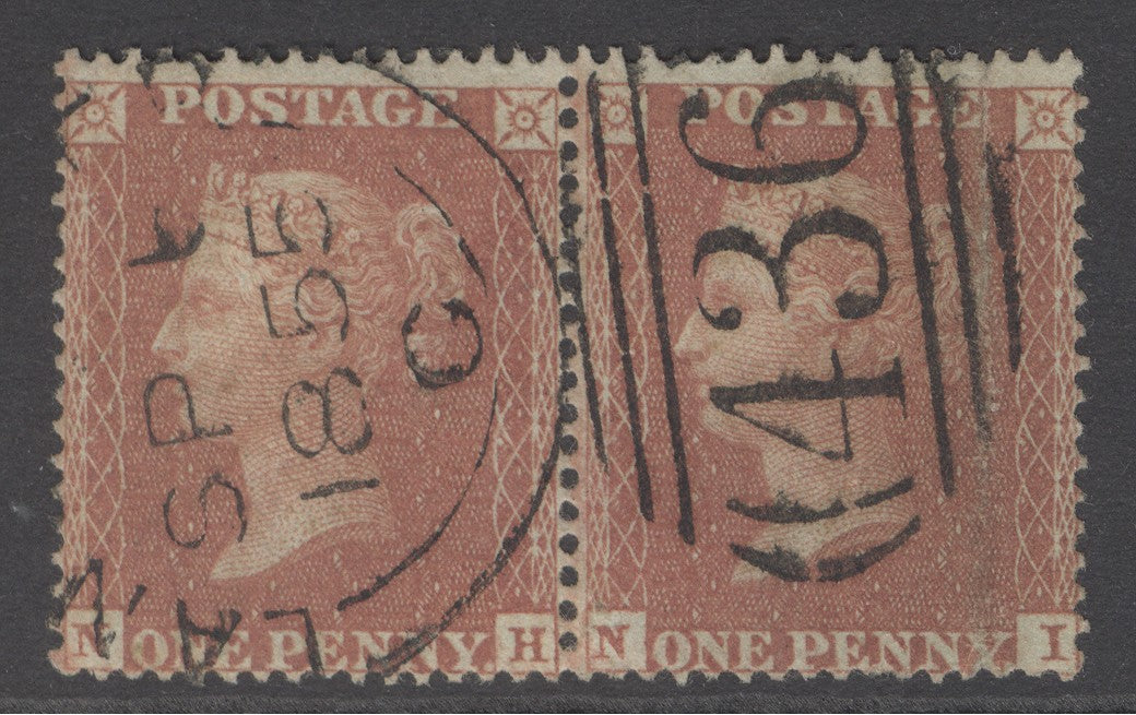 SG 21 1d red-brown pair plate 6 lettered NH-NI. Very fine used with a Lancaster CDS, Sept 1865 & ‘426’ numeral