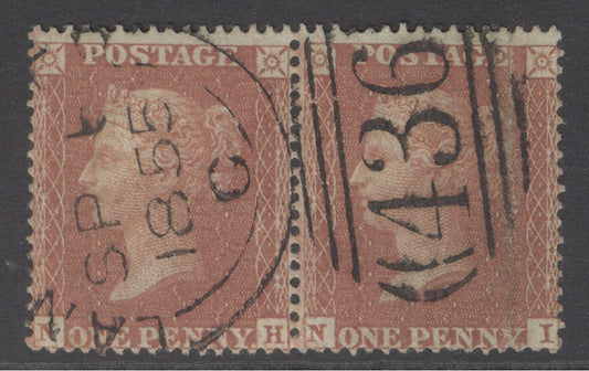SG 21 1d red-brown pair plate 6 lettered NH-NI. Very fine used with a Lancaster CDS, Sept 1865 & ‘426’ numeral