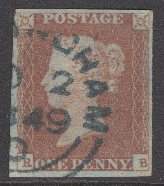 SG 8 1d red-brown lettered RB. Very fine used with a part town CDS in deep blue. 4 margins (SG spec Blvb) CAT £1800