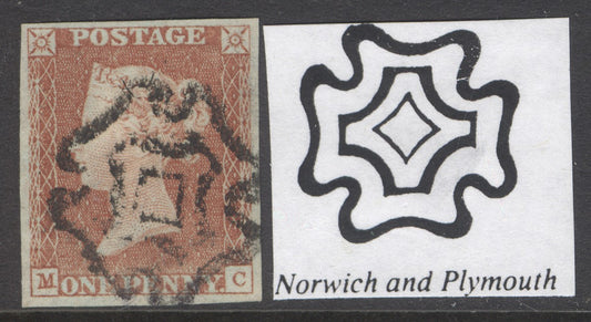 SG 8 1d red-brown lettered MC. Very fine used with a distinctive Norwich Maltese cross. 4 fine margins CAT £450