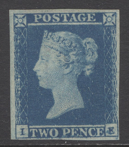 SG 14 1841 2d blue plate 4 lettered IE. A pristine unmounted mint example with full original gum. 4 close to large margins. Rarely seen in this quality CAT £3000