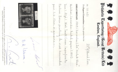 SG 15aa 2d ‘violet-blue’ pair on thicker, lavender tinted paper lettered TB-TC. Very fine used. 4 fine/huge margins.  Philatelic GB expert certificate