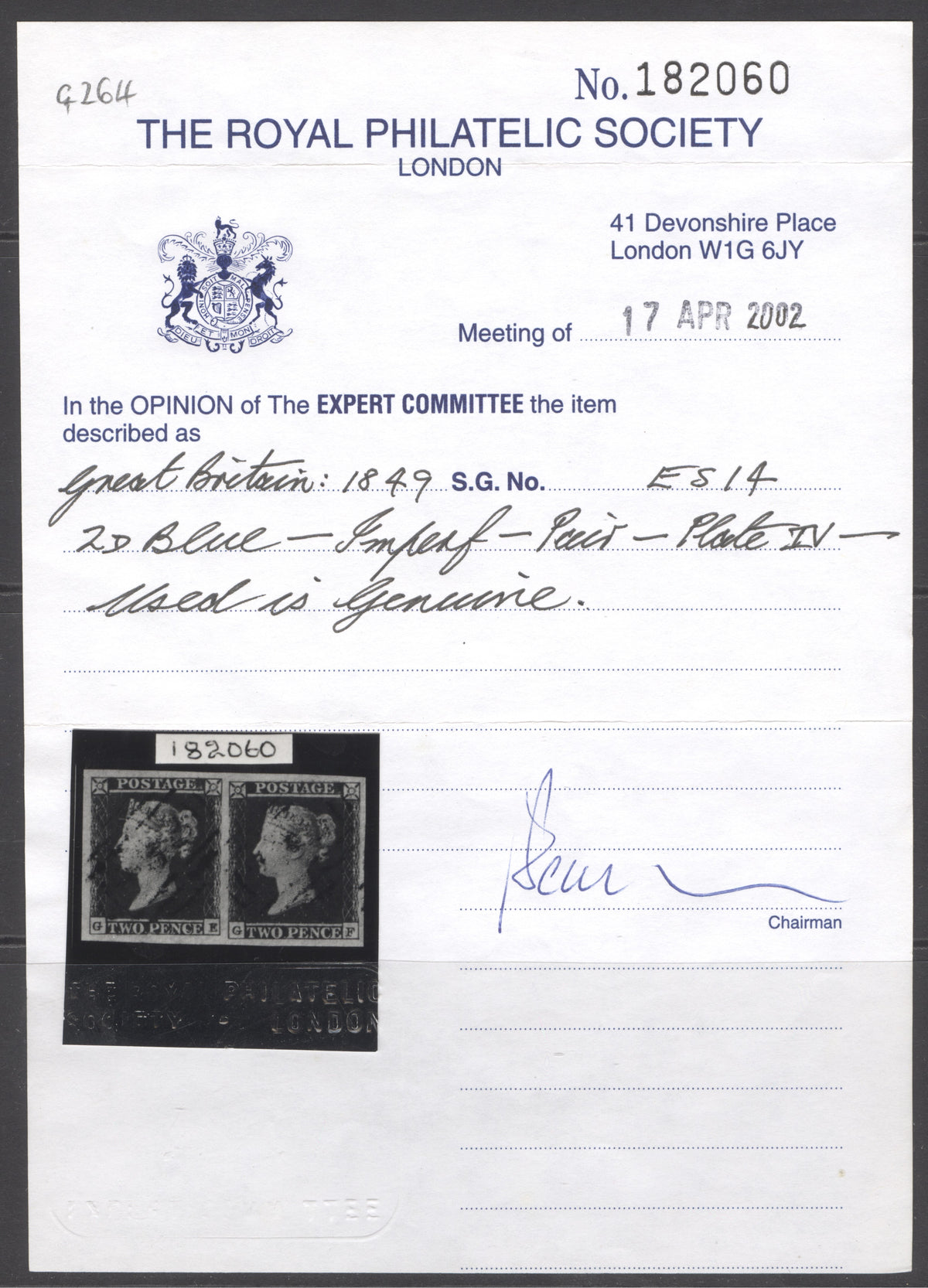 SG 14 1841 2d deep blue plate 4 pair lettered GE-GF. Very fine used, full margins large to huge. RPS cert