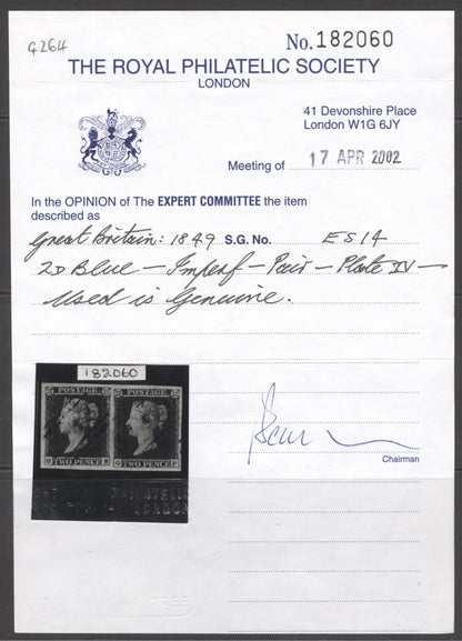 SG 14 1841 2d deep blue plate 4 pair lettered GE-GF. Very fine used, full margins large to huge. RPS cert
