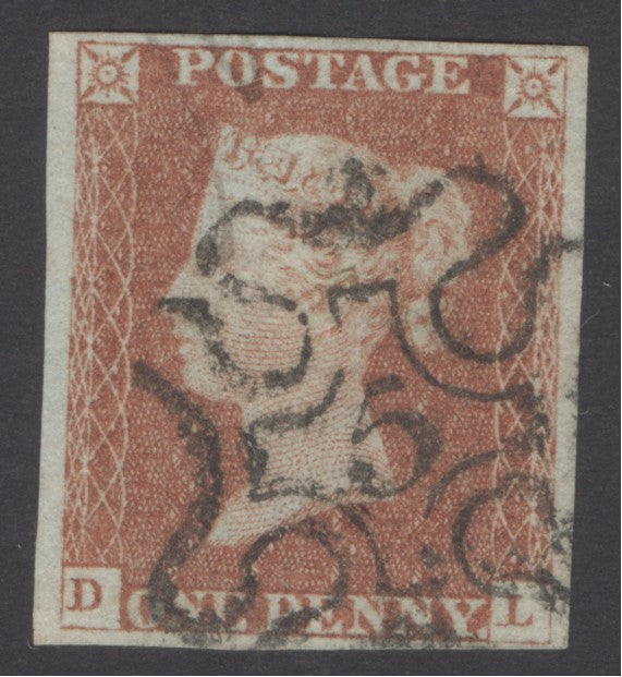 SG 8m 1d red-brown lettered DL. Very fine used with a number ‘5’ in Maltese cross. 4 close to large margins CAT £180