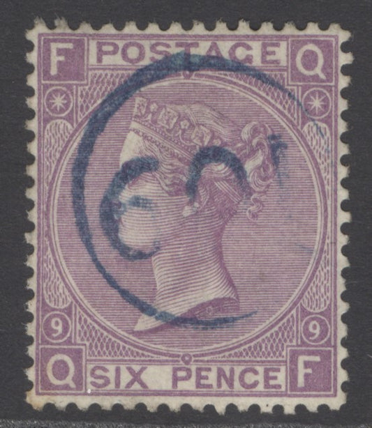 SG 109 6d mauve plate 9. Very fine used with a blue telegraphic CDS