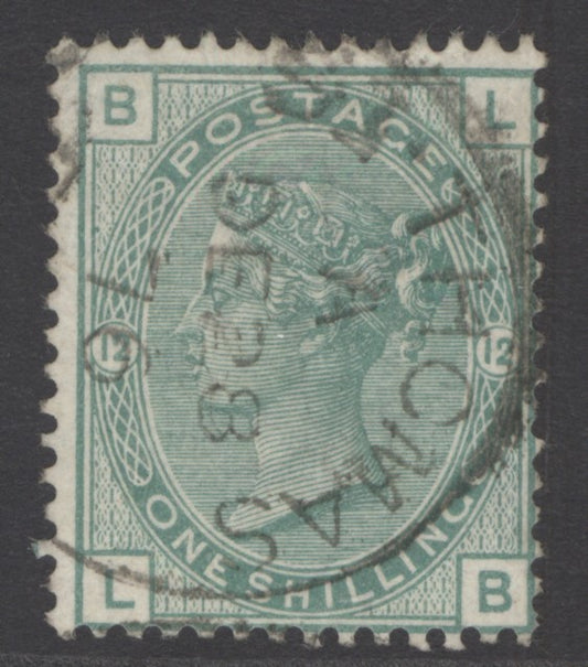 SG 150 1/- green plate 12 cancelled with a St Thomas CDS, 28th Dec 1876