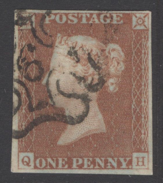 SG 8m 1d red-brown lettered QH. Very fine used with a number ‘6’ in Maltese cross. 4 margins CAT £160
