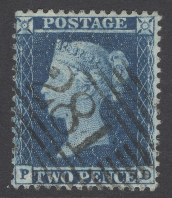 SG 23a 2d blue plate 5 lettered PD. Very fine used with a ‘281’ cancel. Good deep colour & well centred CAT £250