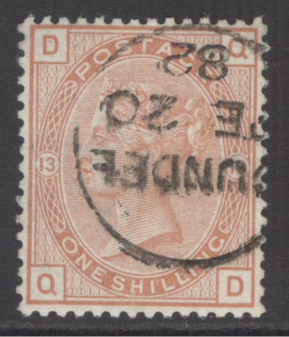 SG 163 1/- orange-brown plate 13. Very fine used with a Dundee CDS