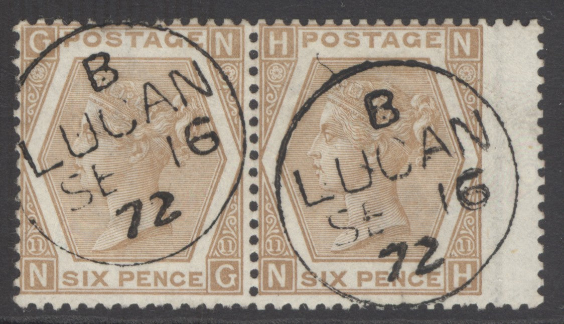 SG 122b 6d pale chestnut plate 11 pair. Very fine used with Lucan, Sept 16th 1872 CDS’s