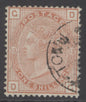 SG 151 1/- orange-brown plate 13. Very fine used with a part Greytown (Nicaragua) CDS, leaving Queens profile clear