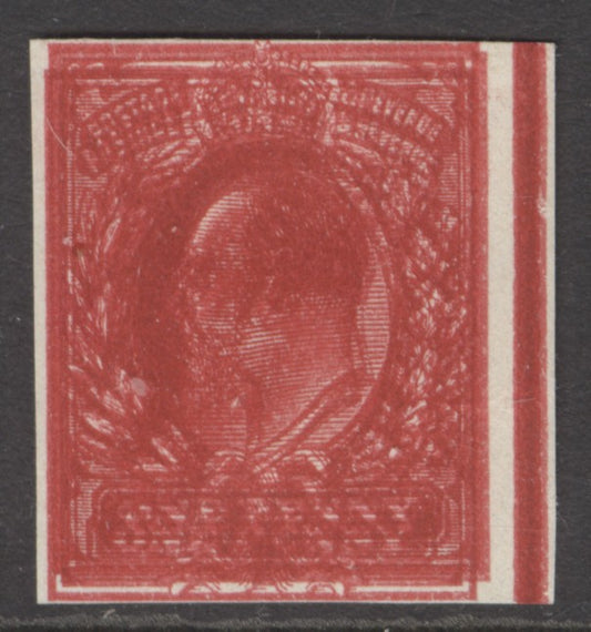 Edward VII 1d plate proof printed in bright scarlet on thin white paper, variety triple print. 4 margins