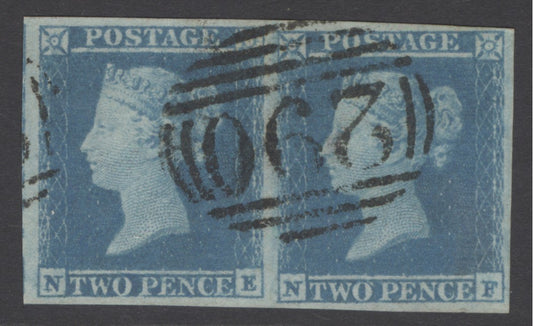 SG 14 1841 2d blue pair lettered NE-NF. Very fine used with a ‘290’ numeral (Falmouth). Full good to large margins