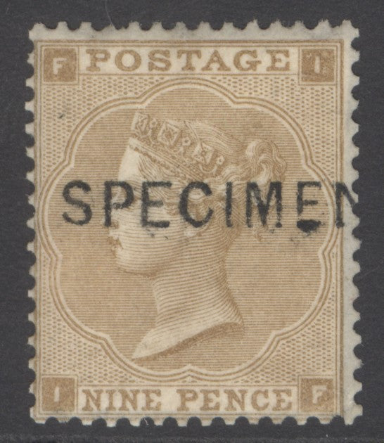 SG 86 9d bistre, overprinted specimen. Lightly mounted, good colour CAT £750
