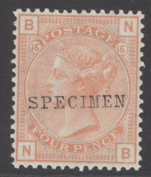 SG 152 4d vermilion plate 15, overprinted specimen, type 9 lettered NB. Lightly mounted mint, well centred & good colour CAT £400
