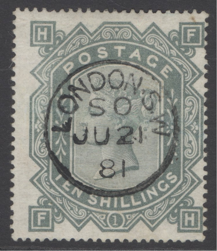 SG 128 10/- greenish-grey. Very fine used with an upright London, June 21st 1881 CDS CAT £2250