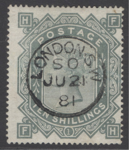 SG 128 10/- greenish-grey. Very fine used with an upright London, June 21st 1881 CDS CAT £2250