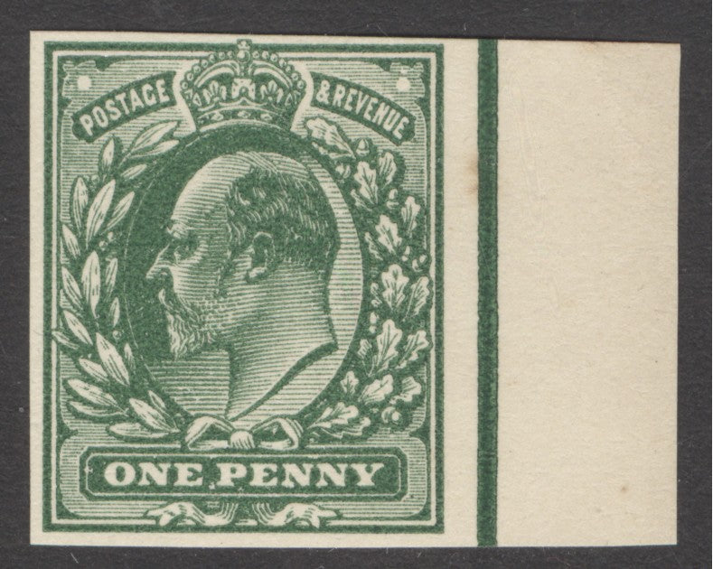 (SG 219) Edward VII 1d plate proof in deep green on white paper, marginal example