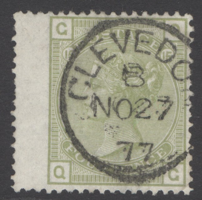 SG 153 4d sage-green plate 15. Very fine used with an upright Clevedon CDS, Nov 27th 1872