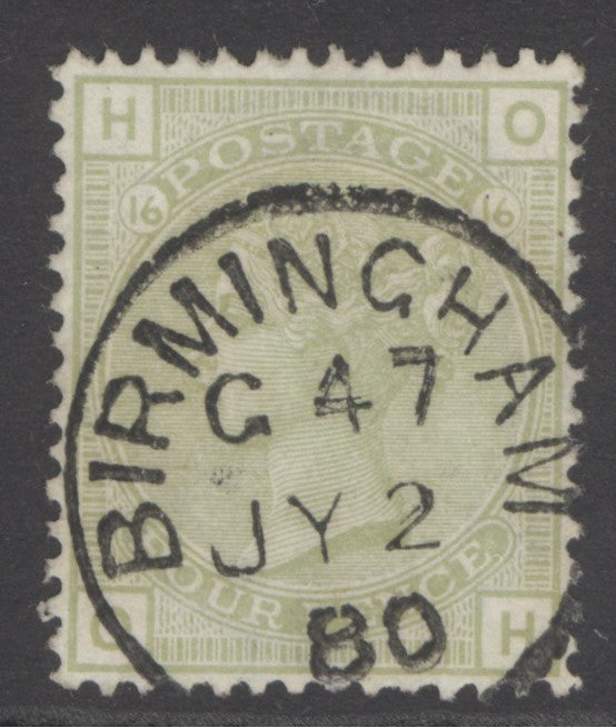 SG 153 4d sage-green plate 16. Very fine used with an upright Birmingham CDS, July 2nd 1880